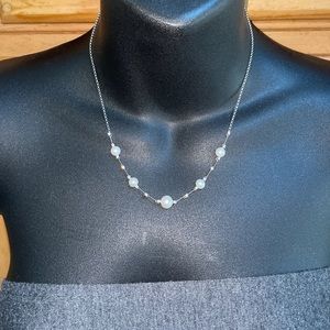 Solid 14K White Gold Pearl Real or Faux Unknown Diamond Necklace